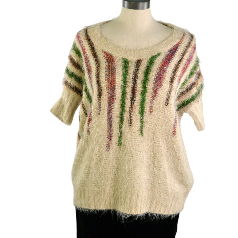 Dex Women sz S Fuzzy Hairy Shirt Chunky Light Brown Multicolor Neckline